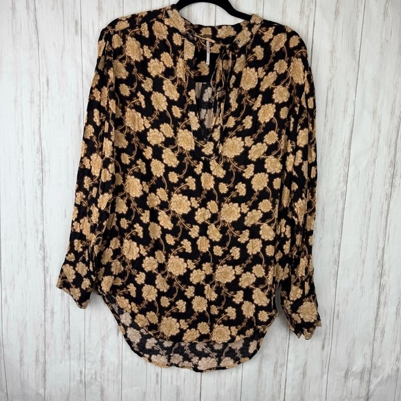 Free People tan and black floral long sleeve blouse Small - Picture 1 of 8